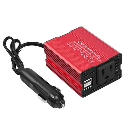 150W Car Power Inverter 12V DC to 110V AC Converter Vehicle with Dual USB Car Charger for Laptop Computer Red