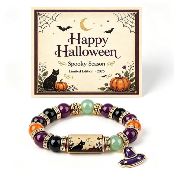 Halloween Beaded Bracelet Gift Set, Black Cat Pumpkin Charm Stretch Bracelet with Moon and Witch Hat Pendant, Fall Party Jewelry Accessory for Women Girls