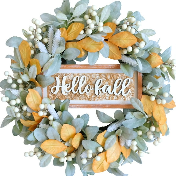 Idyllic Fall Wreath 18 Inches, Autumn Wreath with Lambs Ear leaves and berries for Front Door Outside Thanksgiving Farmhouse Wreath Fall Decoration Outdoor Fall Wreaths for Front Door