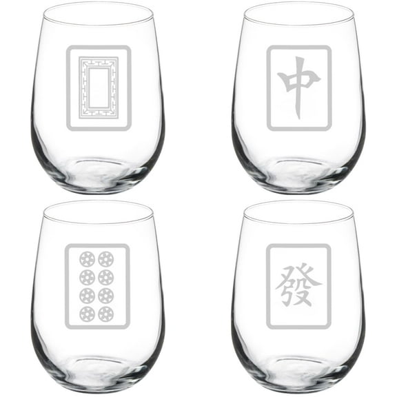 Set of 4 Wine Glass Gift Goblet Mahjong Tiles Collection (17 oz Stemless)