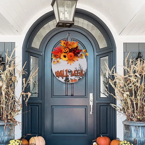 Couronne D'Automne Halloween - Décoration Porte Avec Feuilles D'Érable Et Citrouilles - 30 Cm