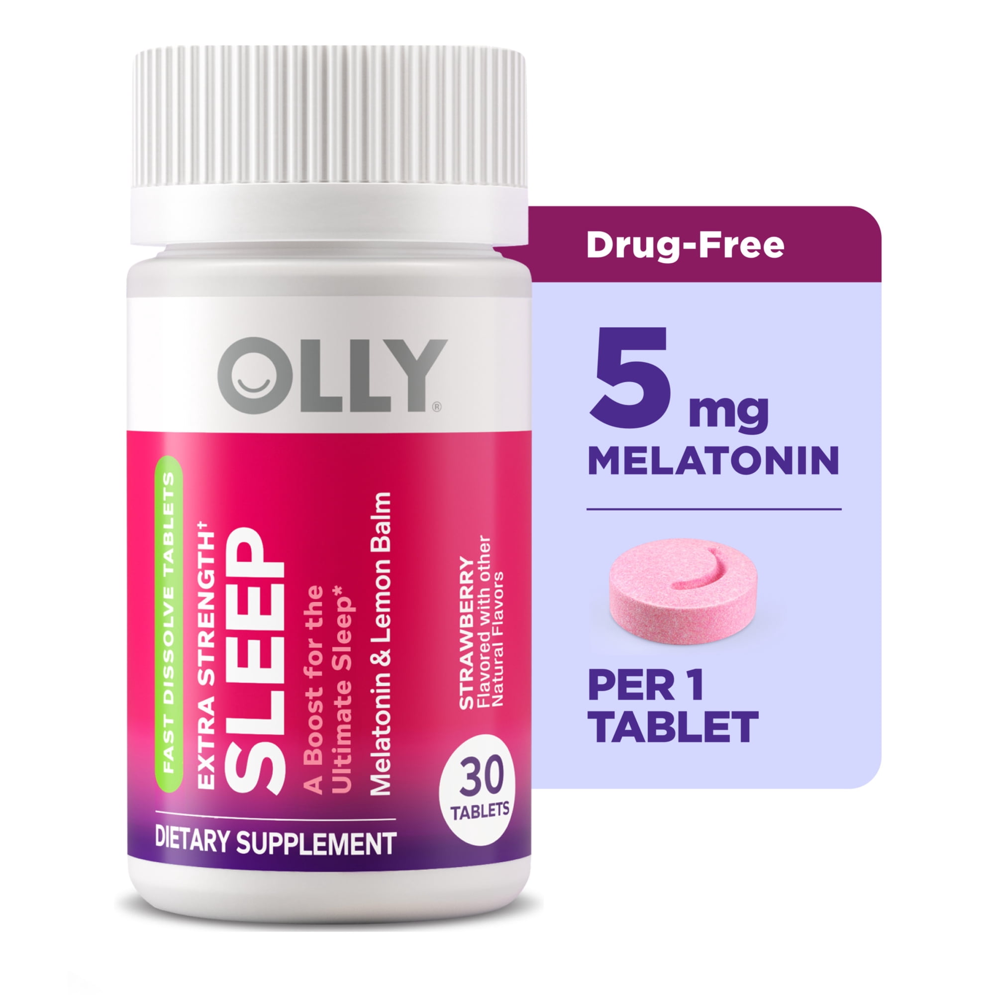 OLLY Extra Strength Sleep Fast Dissolve Tablets, Melatonin, Strawberry Flavored, 30 Ct
