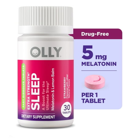 OLLY Extra Strength Sleep Fast Dissolve Tablets, Melatonin, Strawberry Flavored, 30 Ct