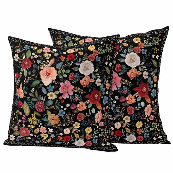 Outdoor Waterproof Throw Pillow Covers Set of 2 Black Floral Decorative Pillowcases Square Outdoor Pillows Cushion Case 18x18 Inch Farmhouse Vintage Flower Patio Pillows for Couch Sofa Bed Garden