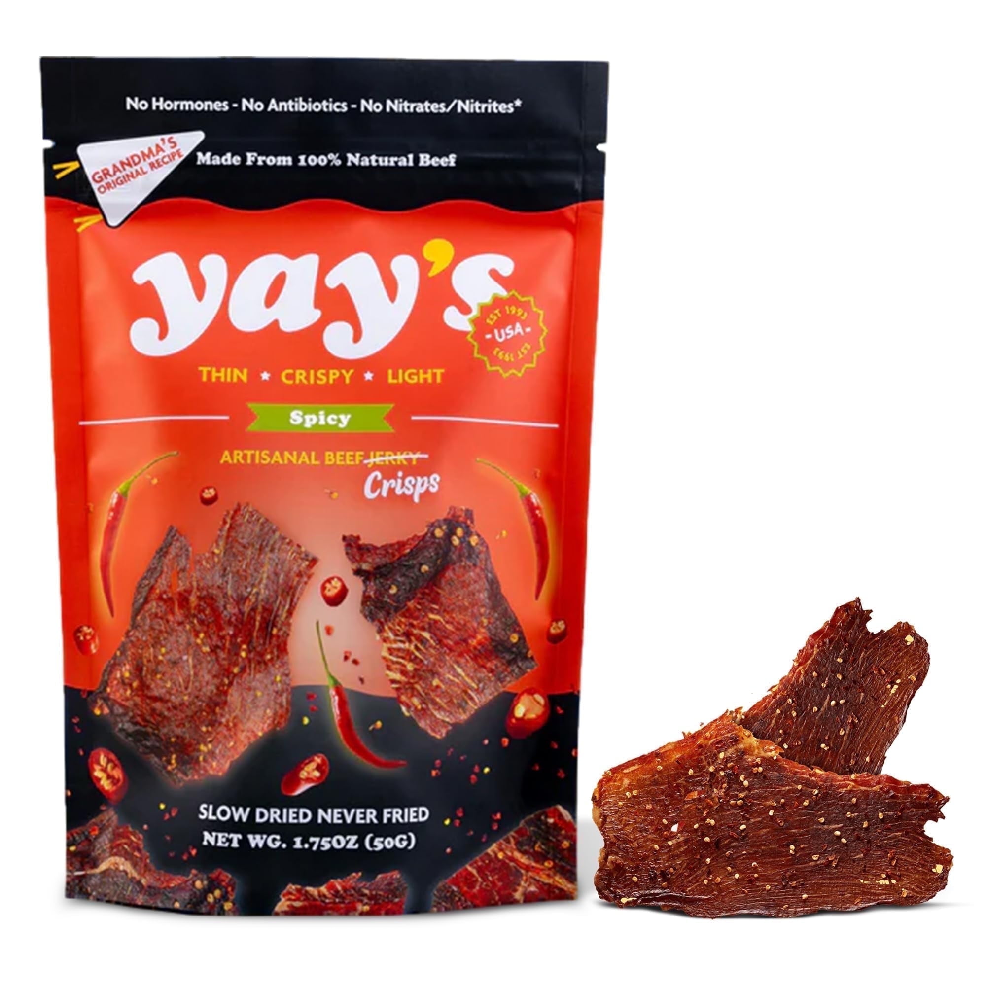 Yay's Snacks Sweet and Spicy Beef Crisps | High-Protein Ready-to-Eat Crispy Crunchy Chipped beef | Spicy Beef Jerky with 24g Protein per Bag, Non-GMO Healthy Meat Snack, Made in USA pack of 1(1.75 oz