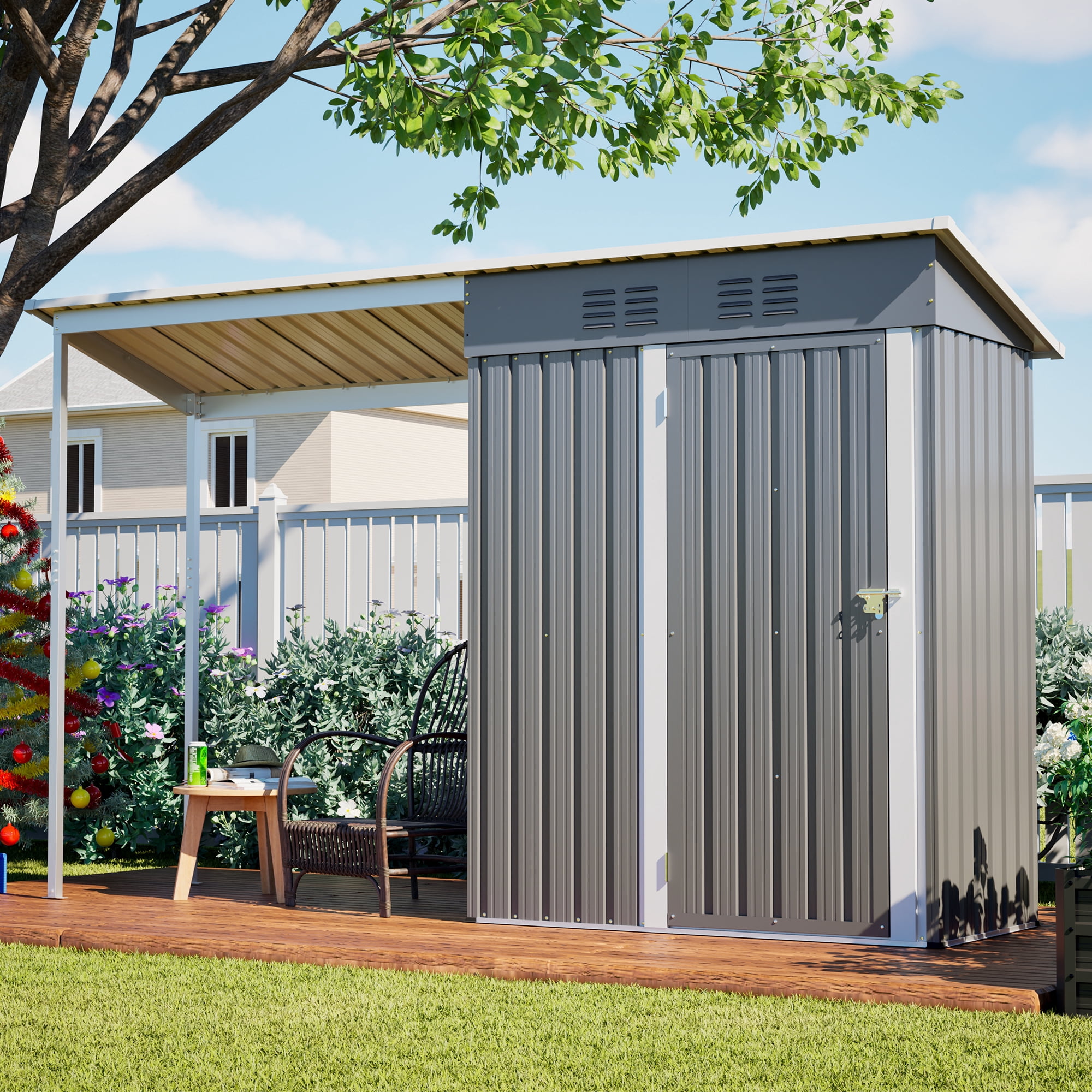 Thanaddo 5x3 FT Galvanized Steel Storage Shed, 2-in-1 Lean-To Outdoor Unit with Gazebo Cover and Easy Assembly