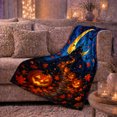 thumbnail image 6 of Haunted Castle Halloween Night Glowing Pumpkins Dark Blue, Festive Halloween Scene, Warm Flannel Blanket for Living Room and Reading Nook, Art Lovers Halloween Gift, Festive Home Decor, 6 of 9