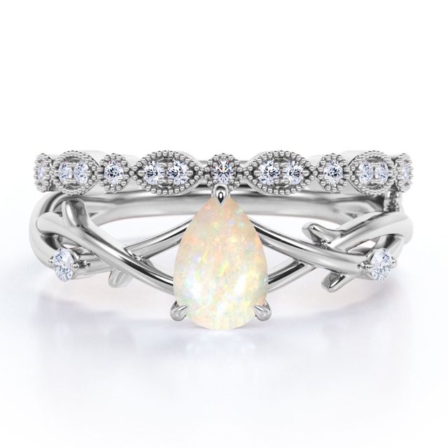 JeenMata Anillo de Bodas Crossover - Ópalo Cantera en Forma de Pera de 1,25 Quilates y Moissanita - Juego de 3 Puntas - Filigrana Art Decó Milgrain - Baño de Oro Blanco de 18 K sobre Plata