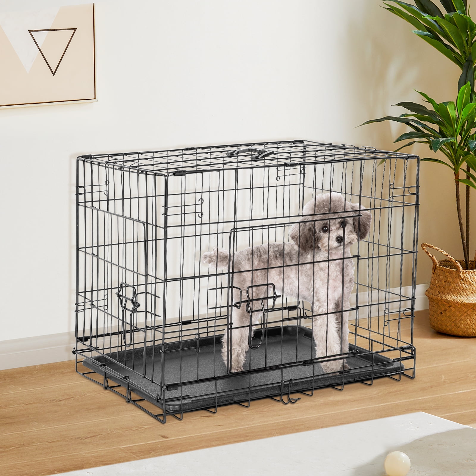 GIANNA Dog Cage Pet Crate for Dogs 30 Inch Folding Metal Pet Cage Double Door W/Divider Panel Indoor Outdoor Dog Kennel Leak-Proof Plastic Tray Wire Animal Cage