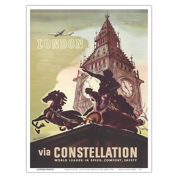 London England - Big Ben - via Lockheed Constellation (Connie) - Vintage Travel Poster by Noël Quinn c.1946 - Master Art Print (Unframed) 9in x 12in
