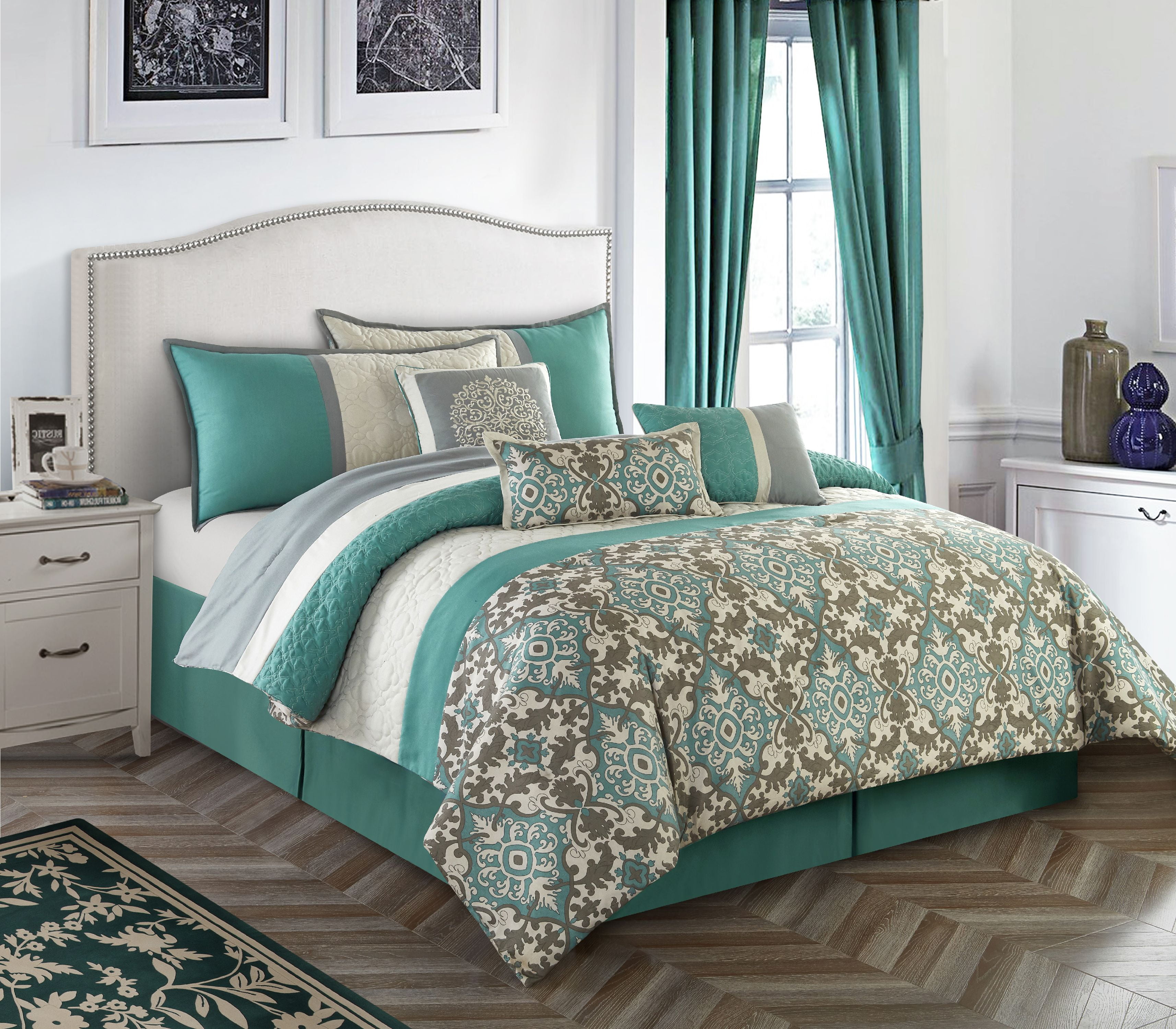 Nanshing Reina 7 Piece Traditional Damask Comforter Set, Teal, King ...