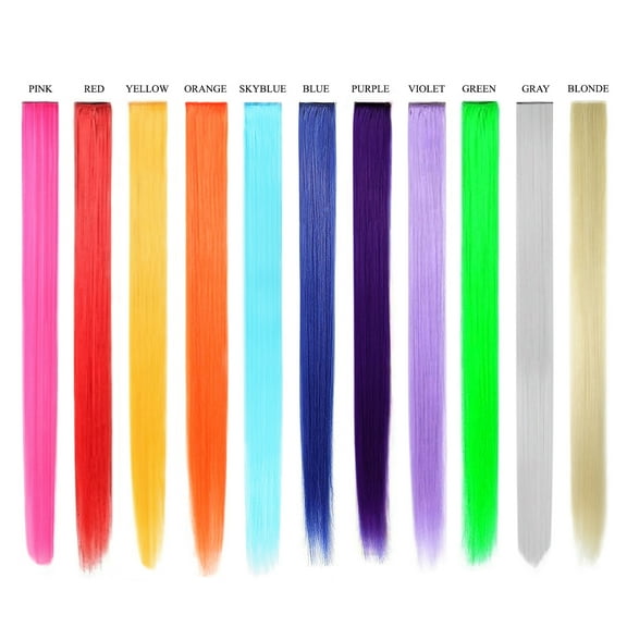 Beaute Galleria Rainbow Multi-Color 21 Inches Long Straight Party Highlights Clip In Synthetic Hair Extensions for Cosplay Comic Con Halloween Costume, 11 Pack