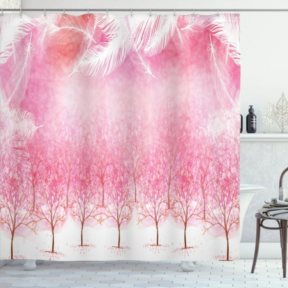 Ambesonne Pink Shower Curtain, Cherry Trees Feathers, 69"Wx75"L, Pale Pink White
