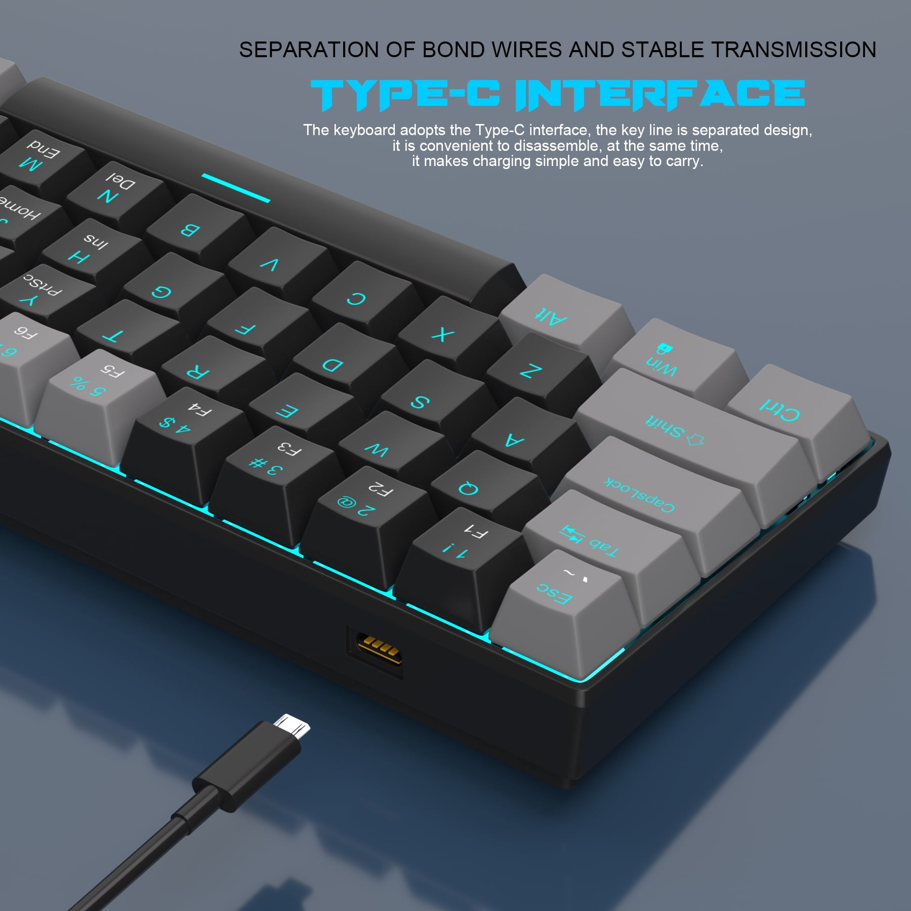 60 Percent Mechanical Gaming Keyboard, Black Gaming Keyboard with Red Switches, Detachable Type-C Cable 60% Mini Keyboard with Powder Blue Light for /PC/Laptop - Gray & Black/Red Switches