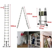 16.5FT Aluminum Telescoping Extension Ladder 330lbs Max Capacity Lightweight Portable Multi-Purpose Folding with Support Bar Anti-Slip EN131 Certificated