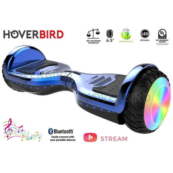 HOVERBIRD ES12 Hoverboard PRO 400W avec Pneus de 6,5" - Certifié UL 2272 avec Bluetooth, Roues LED, Application, Auto-Équilibrage, Lumières avant et Arrière - Bleu Chrome