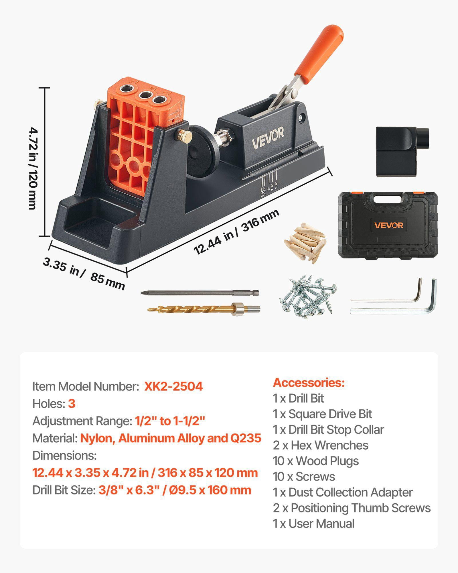 Pocket Hole Jig Kit Adjustable 0.5 to 1.5 Inch Lightweight System with Dust Collection Adapter Detachable Guide Block Drill Bit Stop Collar for Woodworking