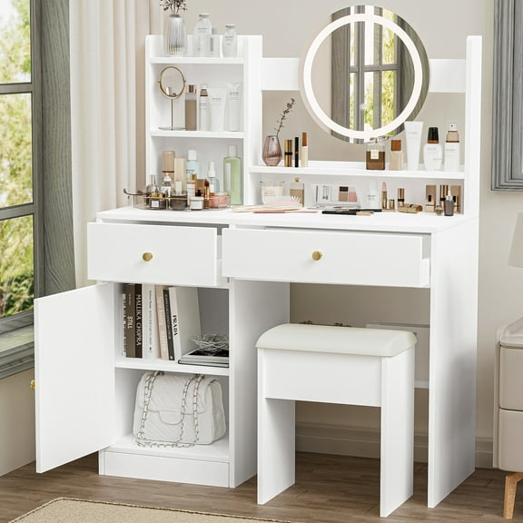 Vanity Set with Mirror, UHOMEPRO Vanity Desk with 2 Drawers and Large Cabinet Storage, Modern Dressing Table with Cushioned Stool and Lighted Mirror, Vanity Desk Makeup Vanity Table Set, White
