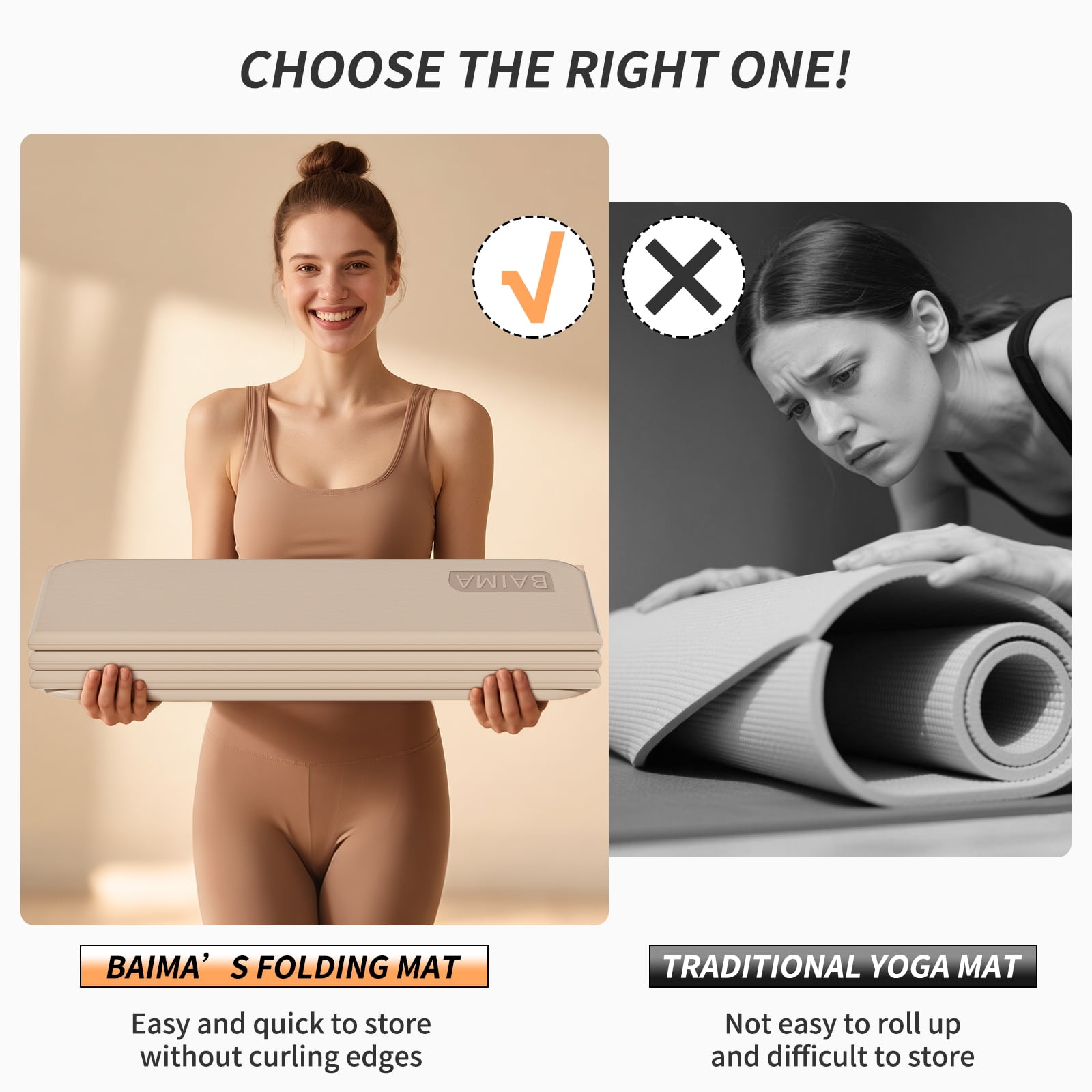 BAIMA Foldable Yoga Mat 10mm Thick , Workout Mats for Home Gym , Pilates,Quick Unfold/Stor,Non-Slip Surface,3.5lbs(Beige)