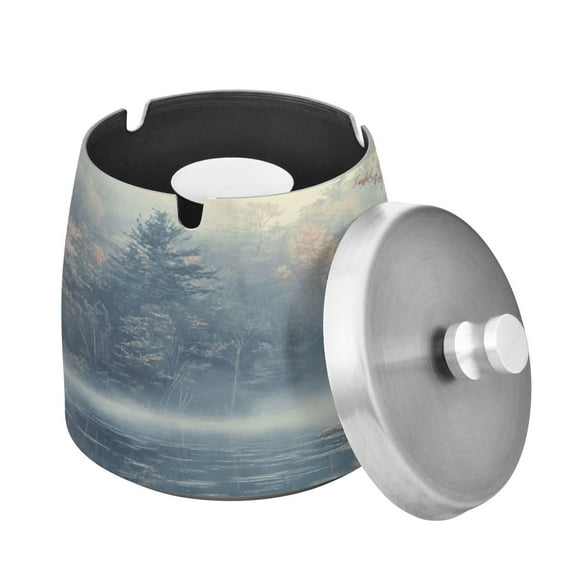 Outdoor Ashtray with Lid for Cigarette Stainless Steel Smokeless Ash Tray for Patio Home Table Decor Misty Morning in Forest