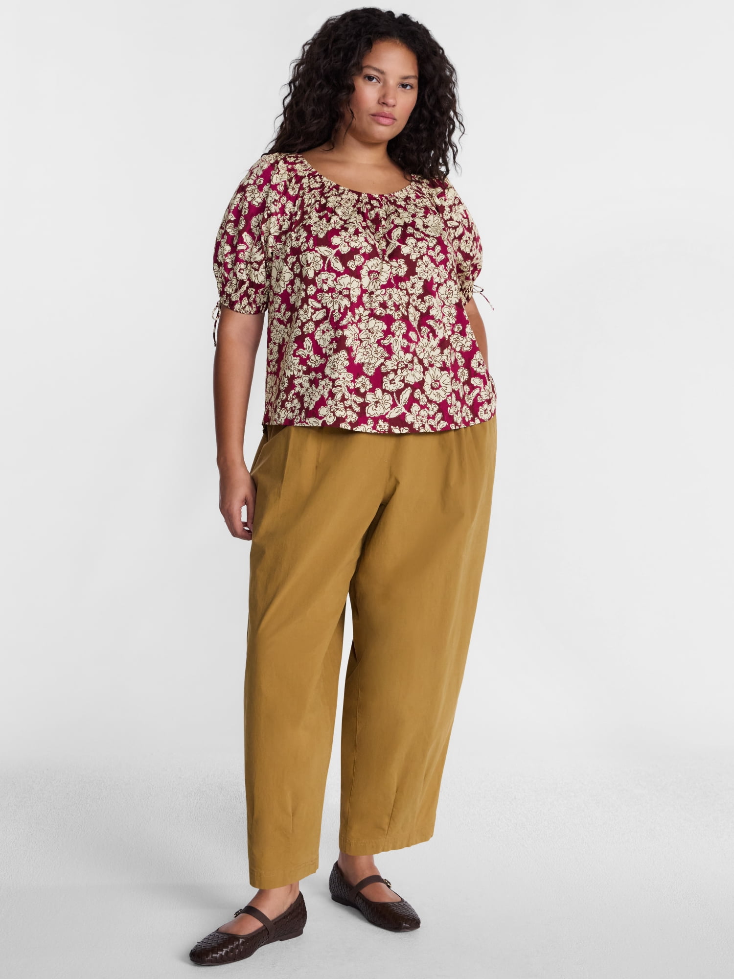 Terra & Sky Women's Plus Scoop Neck Top with Short Tie Puff Sleeves, Sizes 0X-5X