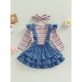 thumbnail image 3 of Seyurigaoka 3Pcs Baby Girls Fall Outfits Long Sleeve Striped Romper Tops + Suspender Skirts + Headband Set for 0-24M Toddler Kids, 3 of 9