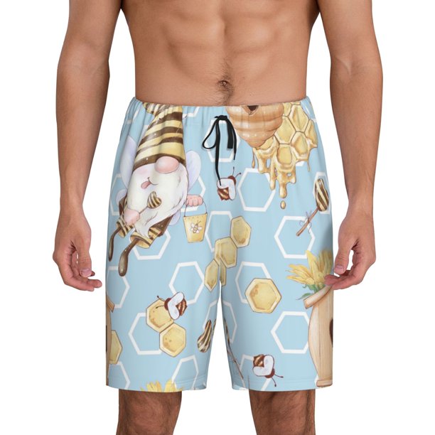 Balery Cute Gnome Bee Collects Honey Pantalones cortos de pijama de punto de algodón para hombre con cinturilla y bolsillos-XX-Large