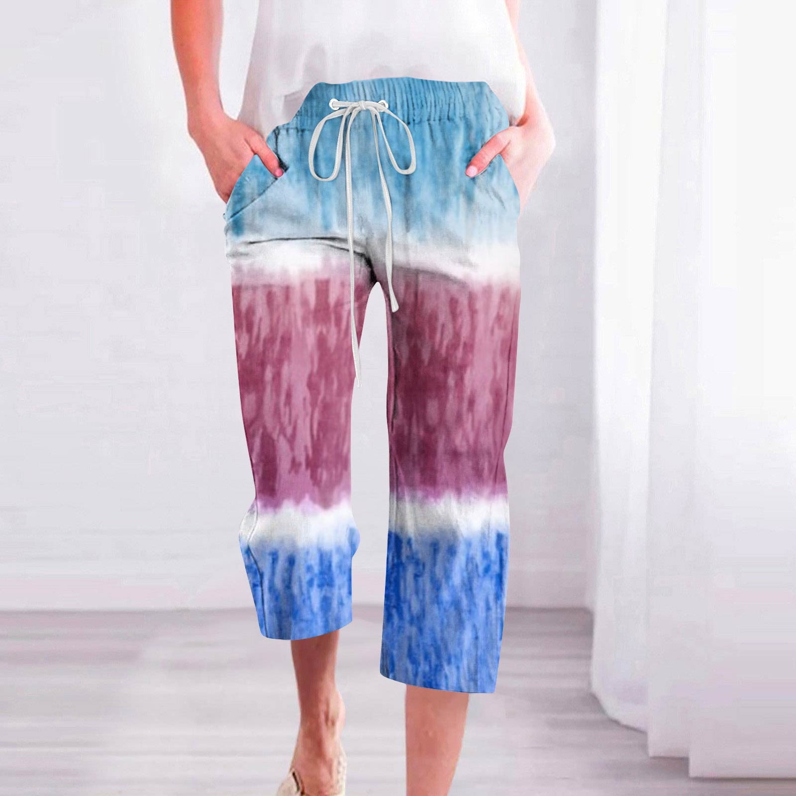 Moxiu Big Deals 2023，Women's Plus Size Capri Pants Clearance,Women's Capri  Pants Loose Soft Drawstring Cotton Linen Causal Lounge Pants with  Pockets,Linen Capris for Summer 