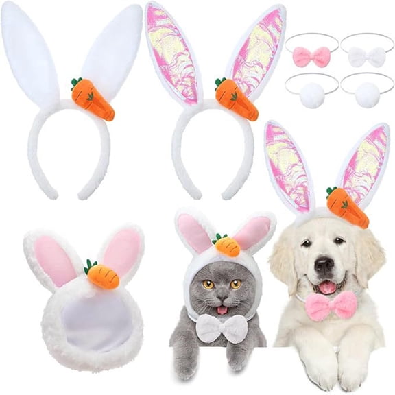 Dpityserensio Dog Bunny Ears Easter Costume, Dog Headband Cat Rabbit Ear Hat Cute Pet Bow Collar Puppy Tail for Pet Easter Party Costume Accessories Supplies