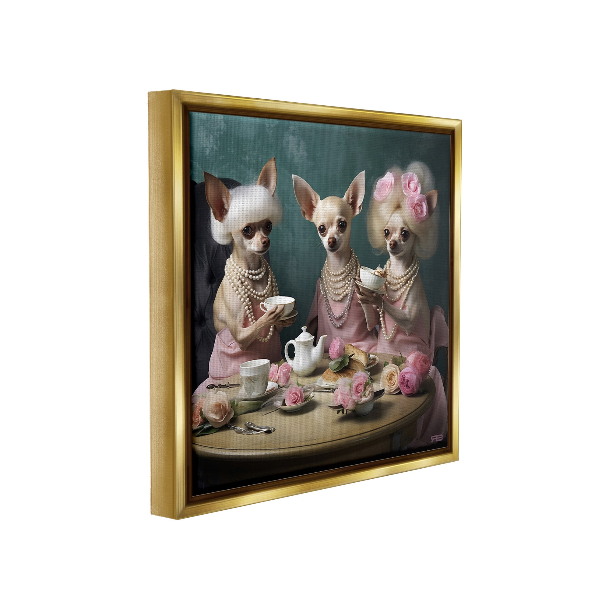 Stupell Industries Chihuahua Tea Party Animals & Insects Painting Gold Floater Framed Canvas Art Print Wall Art, 25 x 25