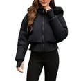 thumbnail image 4 of Women's Short Belted Puffer Jacket, Faux Fur Trim Hooded Quilted Coat, Waist Cinching Winter Jacket, Warm Winter Coat, Casual Short Puffer, Belted Winter Jacket, Cozy Faux Fur Hood Black L, 4 of 10