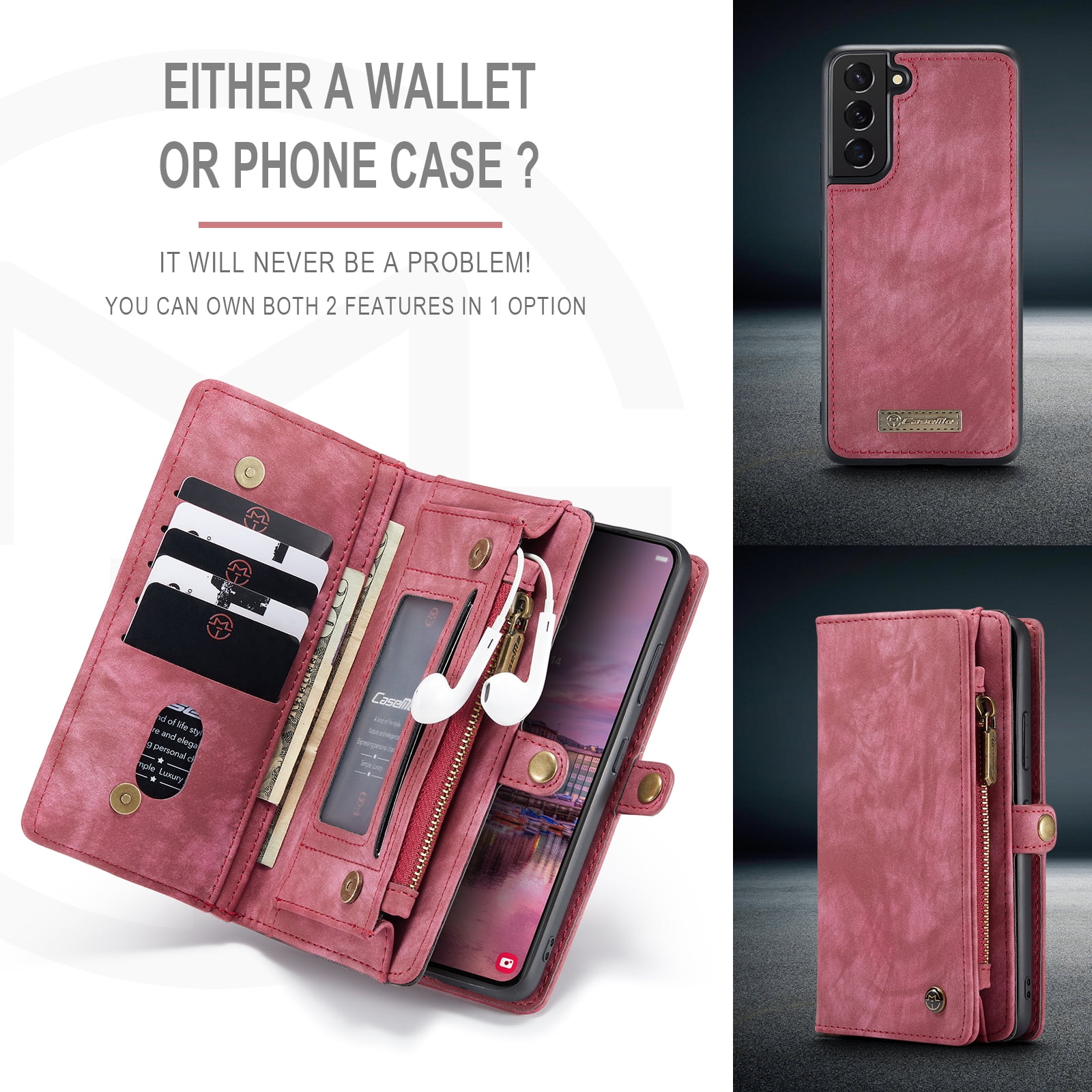 TECH CIRCLE Samsung Galaxy S22 Plus Case,Galaxy S22 Plus Wallet Case with Card Holder Kickstand Zipper Pocket Lanyard Strap Wristlet PU Leather Flip Case Wallet for Galaxy S22 Plus 6.6 inch,Red