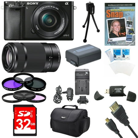 Sony a6000 ILCE6000LB ILCE-6000L/B ILCE6000 Alpha a6000 24.3 Interchangeable Lens Camera with 16-50mm Power Zoom Lens BUNDLE w/ SEL 55-210 (Black), 32GB Card, Spare Battery, Deluxe Digpro Case & More