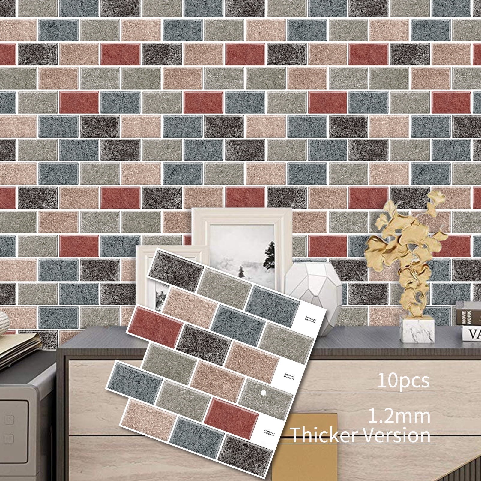 DEWOO Peel and Stick Backsplash - 10 Sheets of 12"×12" - 3D Adhesive Peel and Stick Tile Backsplash for Kitchen, Bathroom, Wall Tile, Multicolor