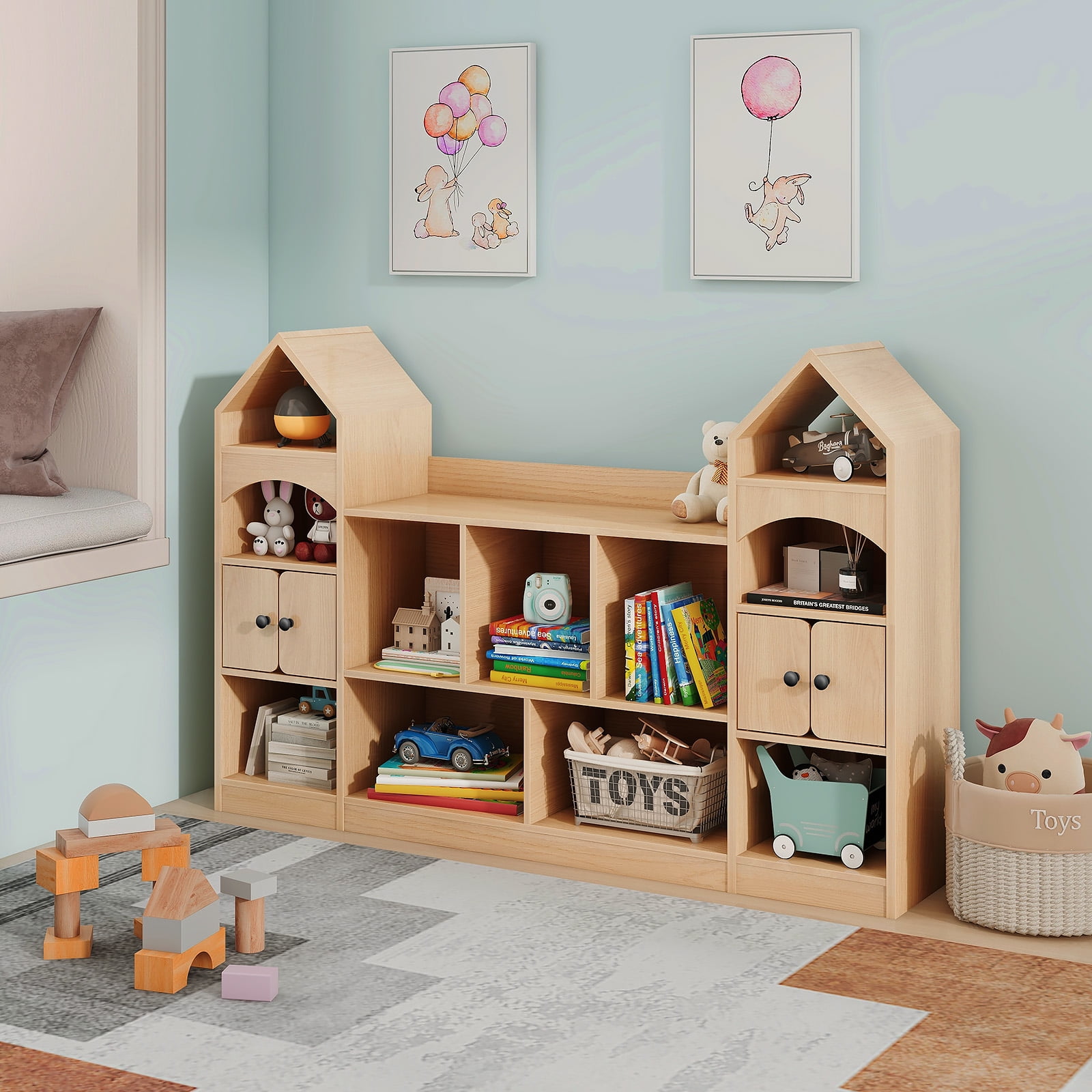 Vabches Kids Bookcase and Toy Storage Organizer, Children Bookshelf, Castle Shape, Playroom Furniture Multipurpose Shelf for Toddlers to Organize Toys and Books Magic Castle, Oak
