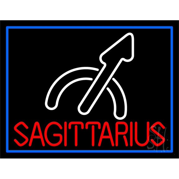 Red Sagittarius White Logo Blue Border LED Neon Sign 24" Tall x 31" Wide - inches Black Square Cut Acrylic Backing, with Dimmer - Bright and Premium built indoor LED Neon Sign for Storefront.