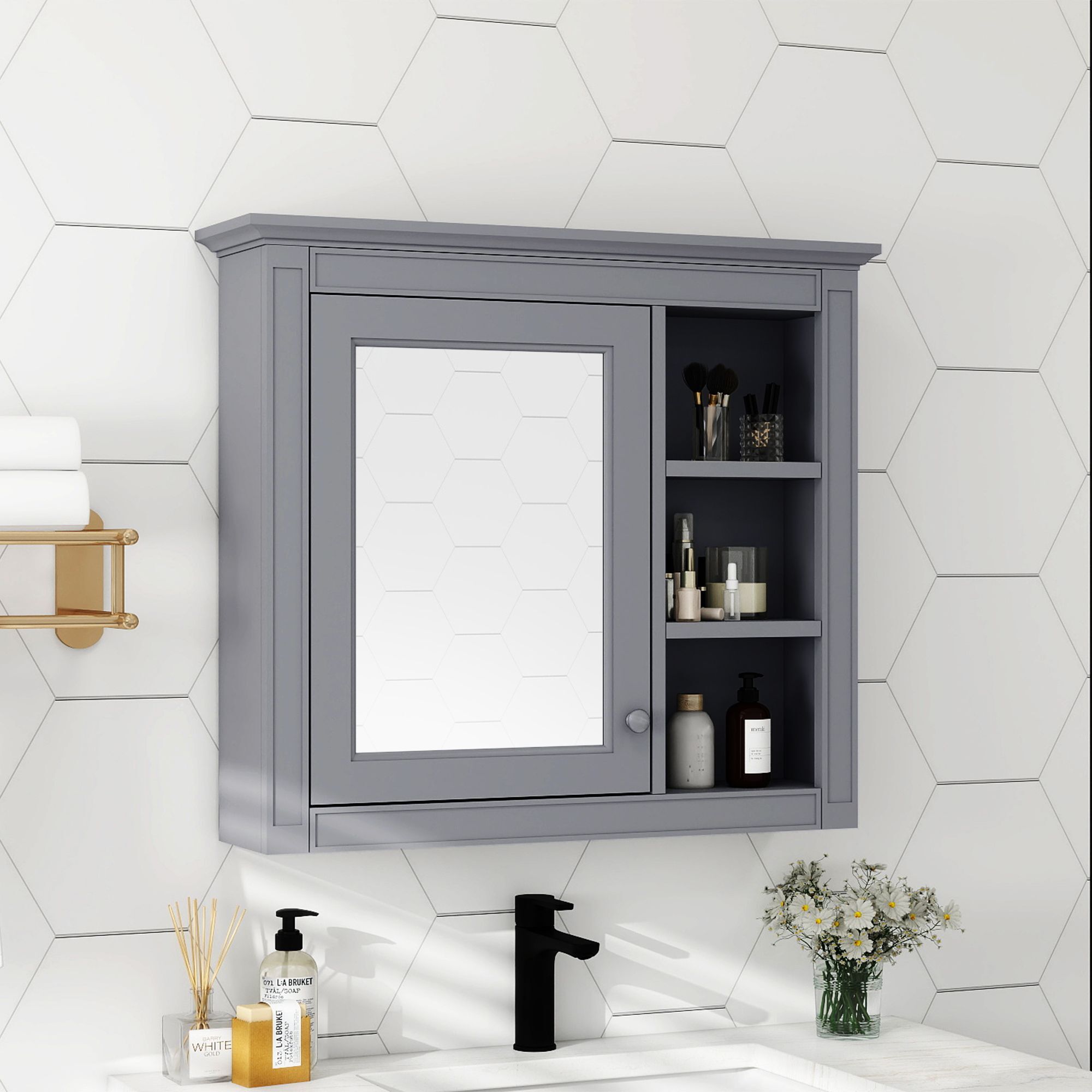 DEALTOPS Stylish Wall Mounted Bathroom Mirror Cabinet with Cabinet and Open Shelves, Gray