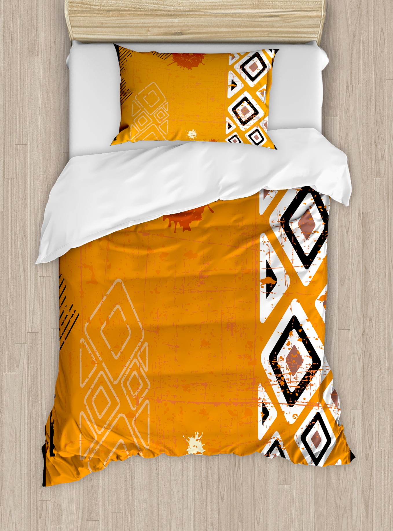 Tribal Twin Size Orange and Black Geometric Duvet Cover Set