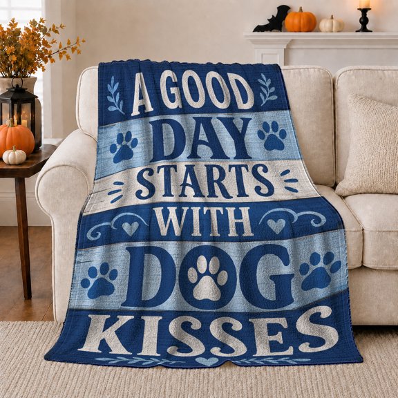 Good Day Starts with Dog Kisses Text, Rustic Typography Style for Dog Lovers, Cozy Paw Print Quote Scene, Flannel Blanket for Living Room and Bedroom, Pet Adoption Gift and Dog Home Decor