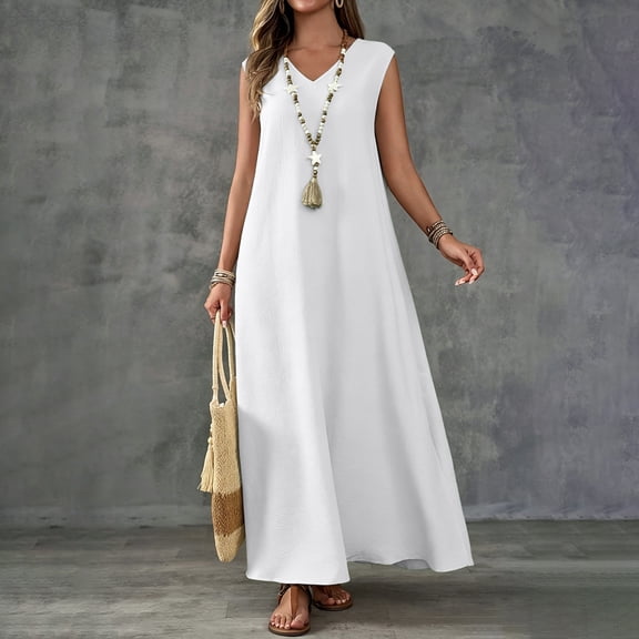 QUNYINEY White Dresses for Women Plus Size A Line Sleeveless Summer Long Sundress Loose Fit Casual V-Neck with Slit Dresses
