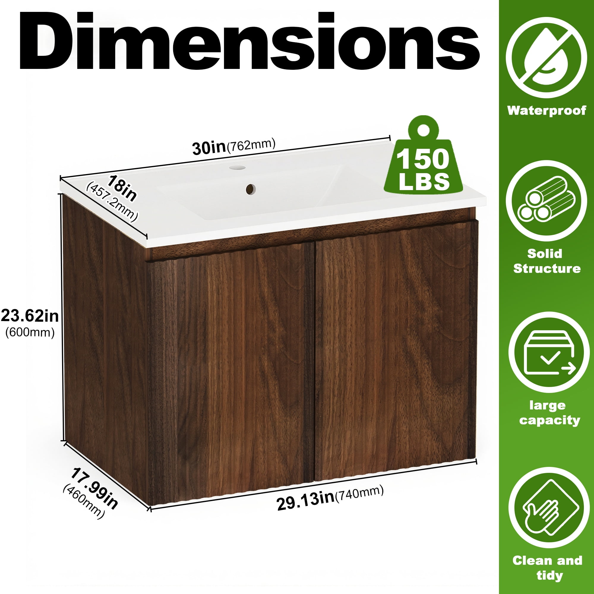 SUNRINX 30 in. Walnut Bathroom Vanity with Sink, Foldable Wall Cabinet, Space-Saving Modern Bathroom Vanity, Quick Install Bathroom Vanities for Small Bathrooms