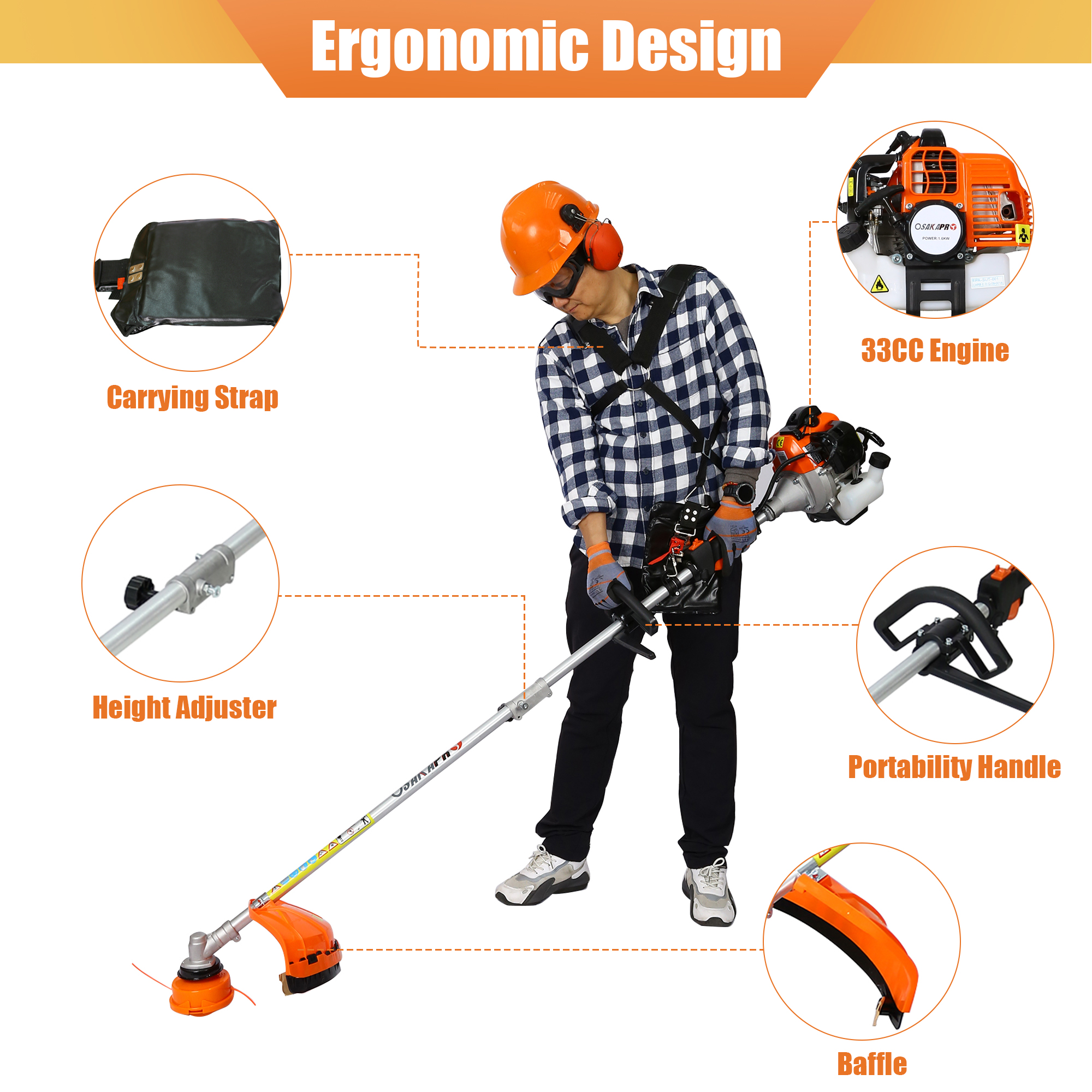 33CC Gas Grass Trimmer 2-Cycle, Sesslife 4 in 1 Trimming Tool Kit with Gas Pole Saw, Hedge Trimmer, Grass Trimmer, Brush Cutter, Full Crankshaft Weed Eater Lawn Mower for Garden Lawn Yard, Orange