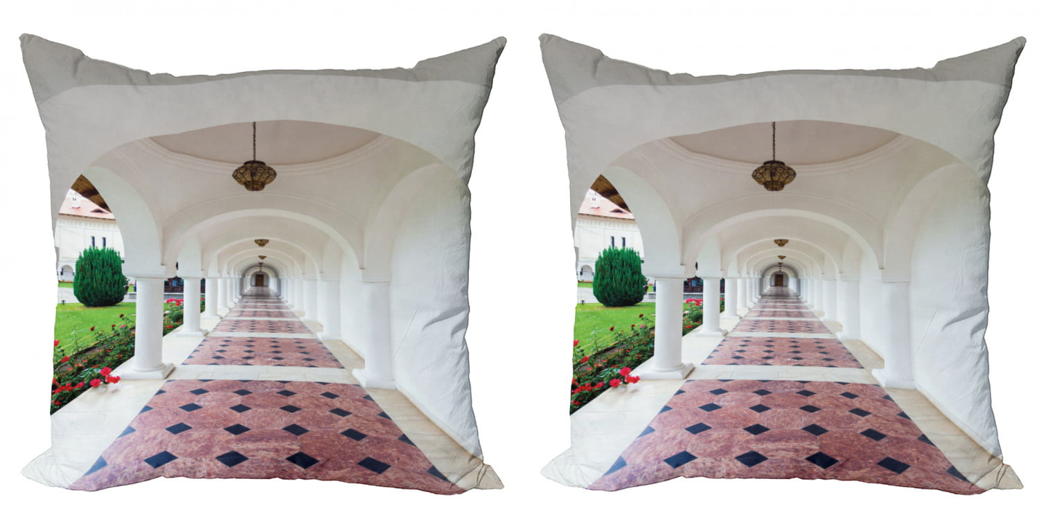 Travel Cotton and Linen Tassel Pillow Dome Arched Colonnade Hallway at Sambata De Sus Monastery in Transylvania Romania Decorative Cushion with Tassels for Sofa Bedroom Car Living Room White Green