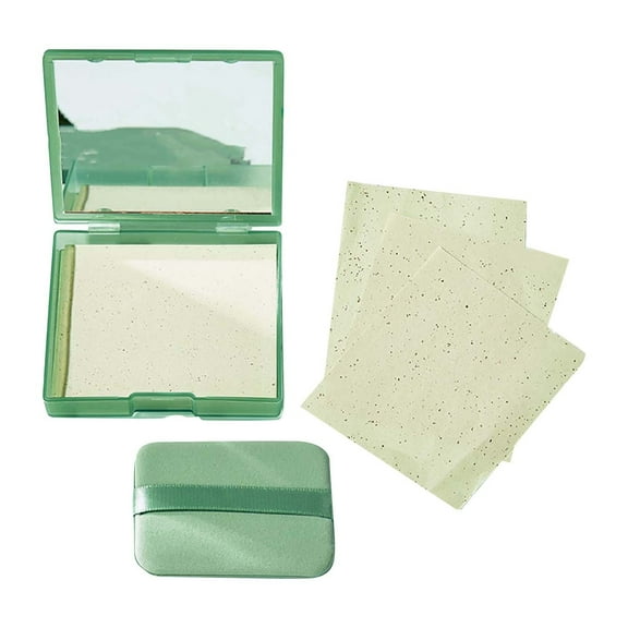 HHBEAUTY 3-in-1 Oil Blotting Paper Set for Face 100 Sheets Oil Absorbing Sheets with Portable Mirror & Adhesive Makeup Puff, Blotting Papers for Oily Skin, Design for Men & Women