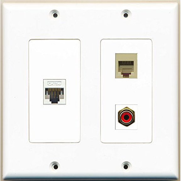 RiteAV - 1 Port RCA Red 1 Port Phone RJ11 RJ12 Beige 1 Port Cat5e Ethernet White - 2 Gang Wall Plate