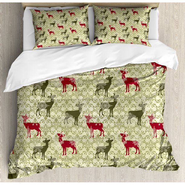 Deer Duvet Cover Set, Damask Pattern Ethnic and Ornate Christmas Themed