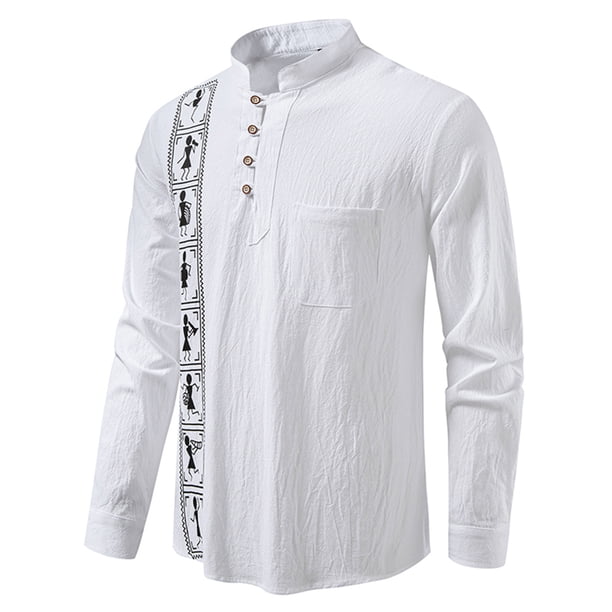 Blusa y camisa de manga larga con cuello alto para hombre, informal, a la moda, con botones estampados, de poliéster