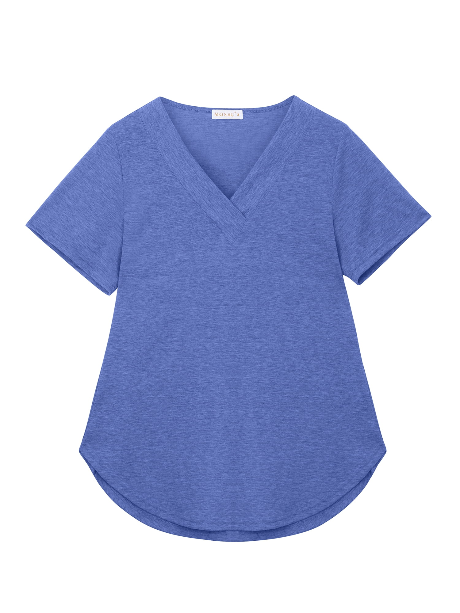 MOSHU Deep V Neck Womens Tops Curved Hem Shirts for Women Fashion Trendy Blouses Casual Loose Fit Tees Tops