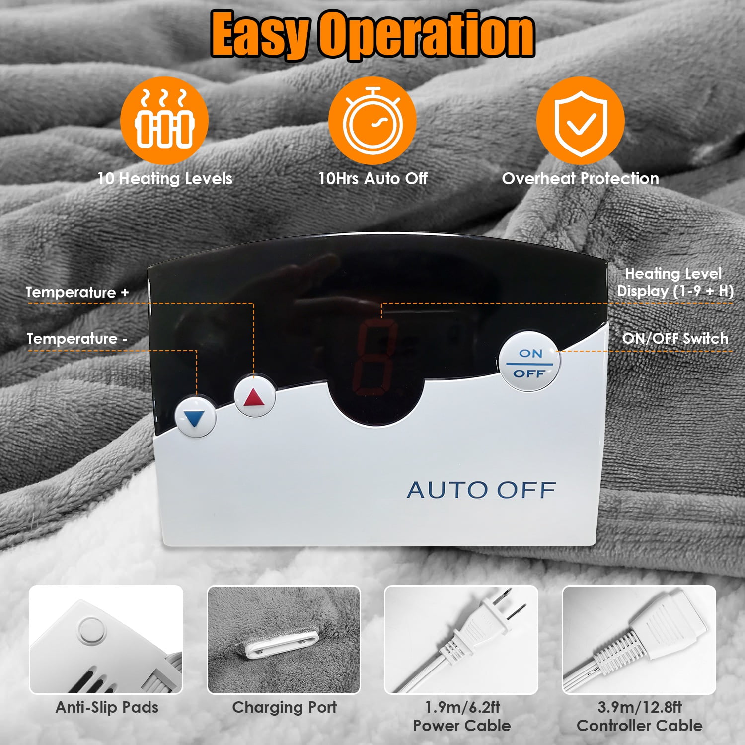 Heated Blanket, Electric Heated Blanket 90"x100" King Size, Soft Cozy Flannel Warming Blanket with Dual Controller, 10 Heating Levels, 10 Hours Auto off, Machine Washable