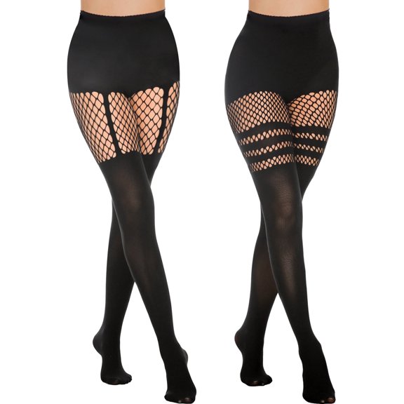 Fake Thigh High Fishnet Stockings with Suspender - Striped One Size, High Quality Polyamide & Elastane, Skin-Friendly, Stretchy & Breathable